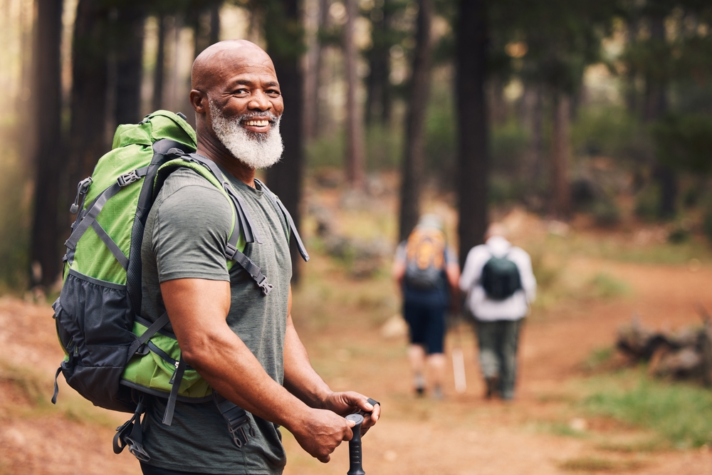 Portrait,,Black,Man,And,Hiking,In,Forest,,Exercise,And,Fitness